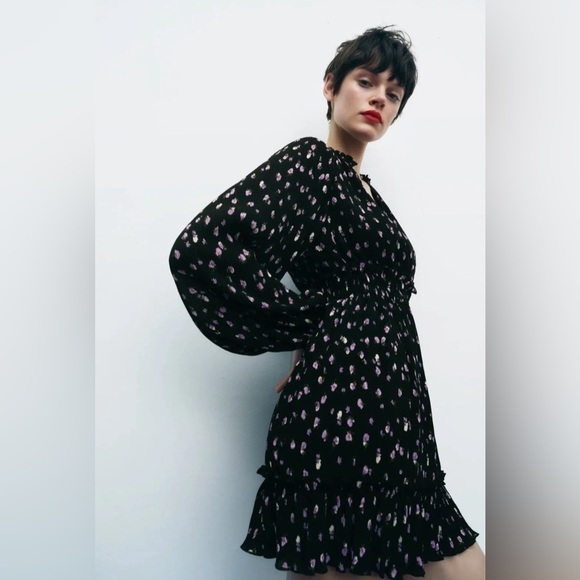 Zara Black and Purple Floral Ruffle Mini Dress - Picture 1 of 15